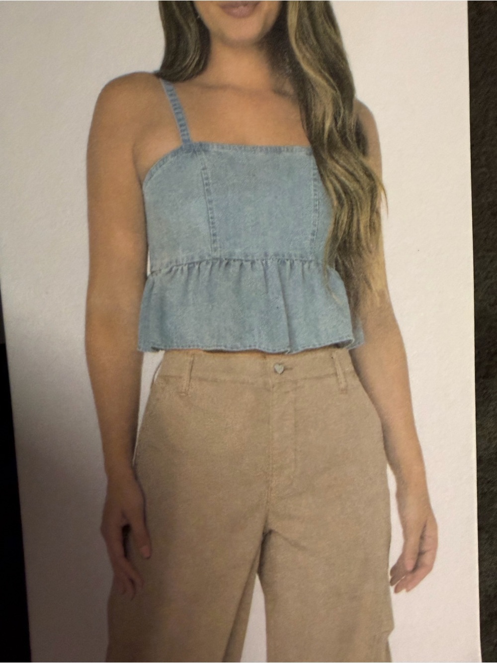 Celebrity Pink Light Blue Denim Ruffle Hem Crop Cami